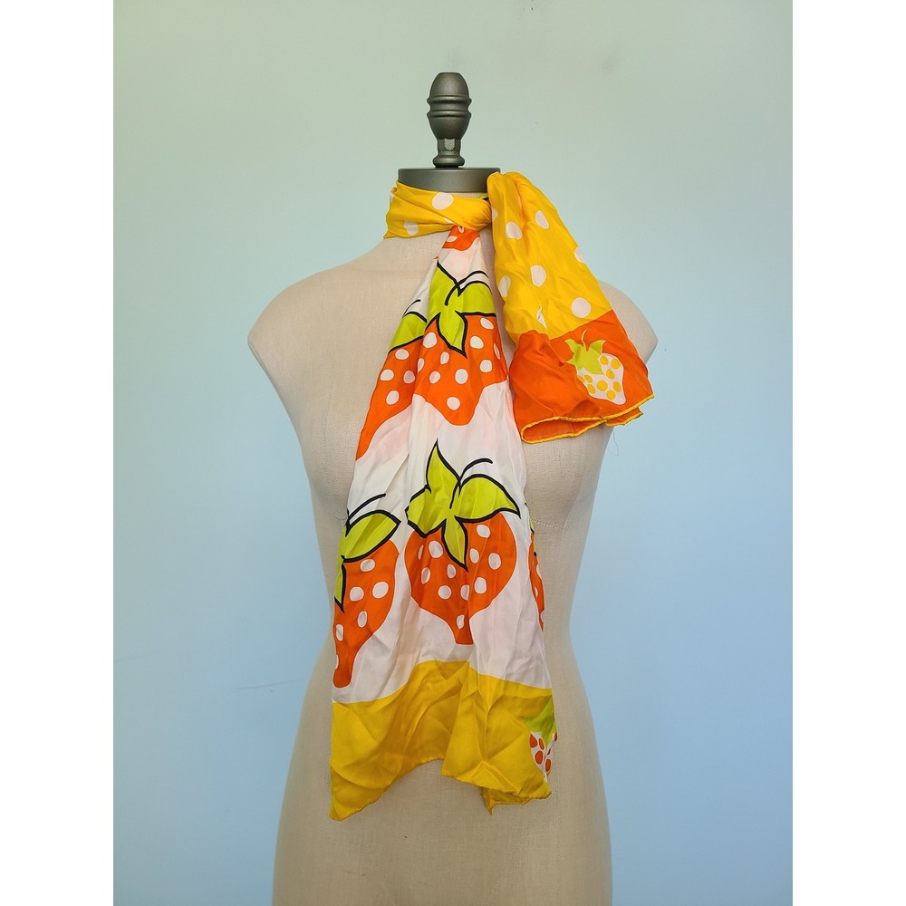VTG 70s Echo 100% Silk Rectangle Scarf Retro Strawberry Print Polka Dot Dopamine